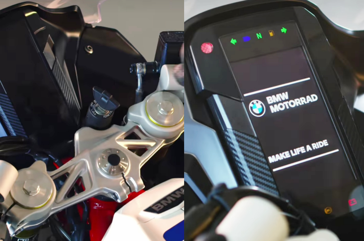 Latest teaser shows the absence of adjusters on top of the fork tubes (left); Vertically-stacked TFT display (right).