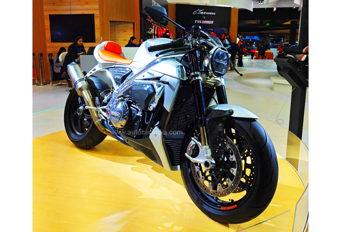 The Norton V4 CR was on display at the TVS booth even as company officials are tight-lipped about the British marque
