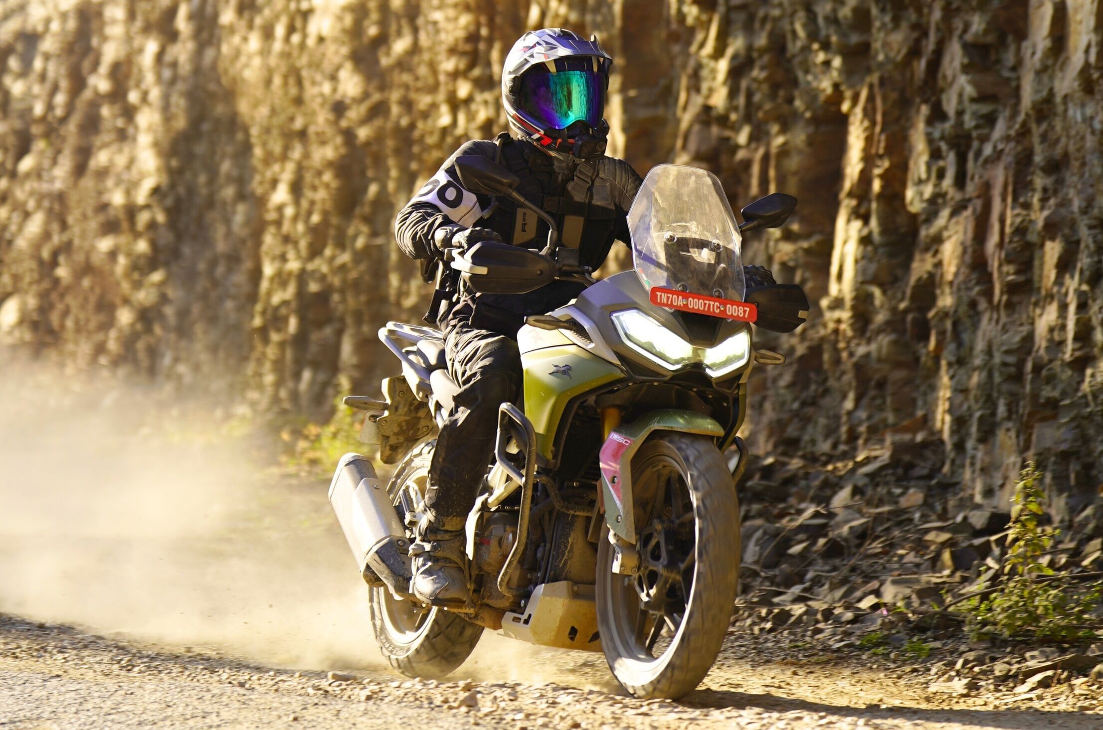 TVS Apache RTX 300 front right side riding shot off road