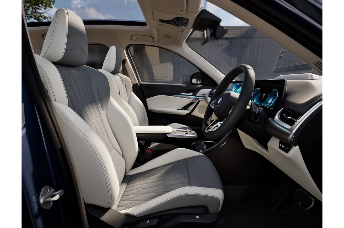 BMW iX LWB white interior upholstery front seats
